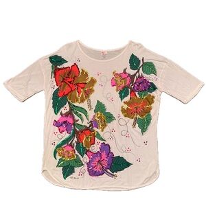 80s Sequin T-shirt floral hibiscus shirt rare XL flowers Bali Indonesia handmade
